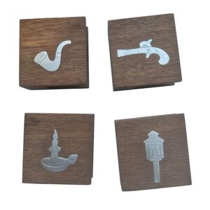 Vintage 1960s /70s Teak Matchbook Holders Set of 4 Pewter Inlay MCM square